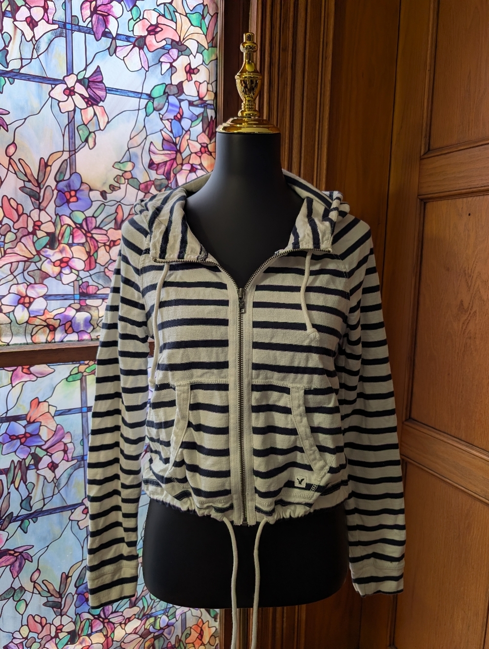 American Eagle Outfitters Striped Zip-Up Hoodie - Navy and White